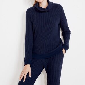NWT Haven Well Within Waffle Knit Cowl Neck Top Womens Small Navy Blue Long Slee